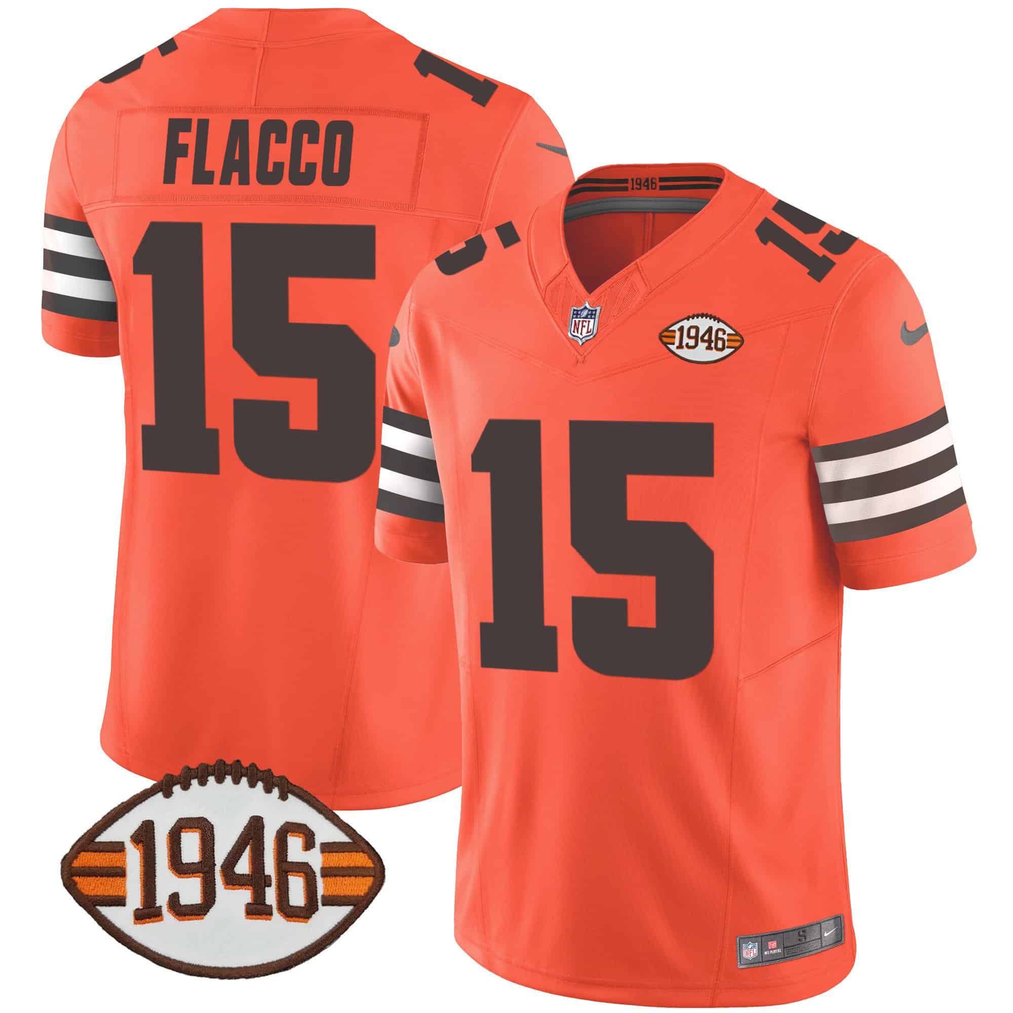 Men Cleveland Browns 15 Flacco Orange 1946 75th Anniversary Patch 2024 Nike NFL Jersey